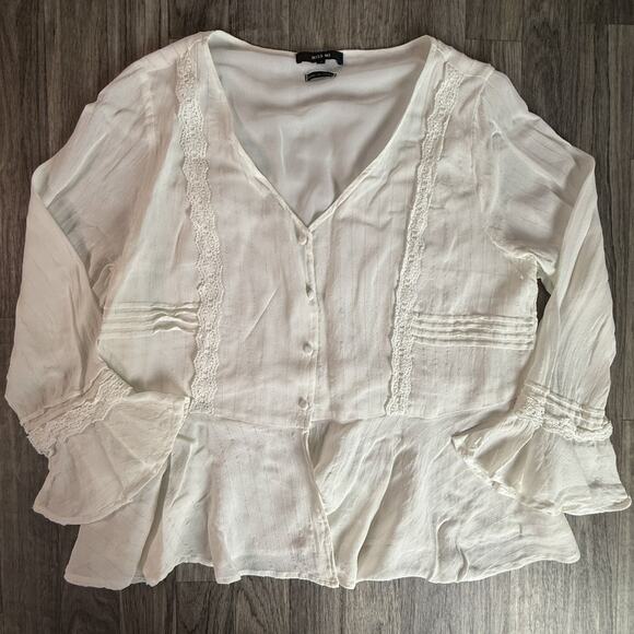 Miss Me White Boho Lace Peplum Blouse Button-Up Romantic Peasant Top - Picture 1 of 5